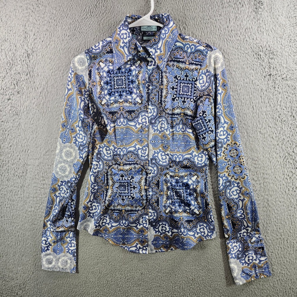 Hawes & Curtis Hipster Shirt Womens UK8 US 4 Blue Paisley Medallion Button Down